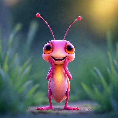 The primary subject of the image is a cartoon-like insect, possibly a grasshopper or a beetle, with a pink body and red legs. The insect is standing on a path in a grassy field, surrounded by green grass. The visual style of the image is digital art, as it appears to be a computer-generated or digitally illustrated scene. The colors and mood of the image are bright and cheerful, with the pink and red colors adding a playful and lively atmosphere to the scene.